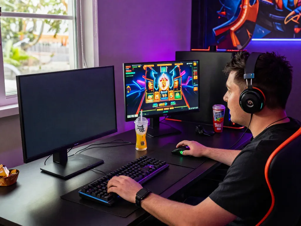 Exciting online gaming setting featuring https://1da88.it.com/ with colorful displays and gaming gear.
