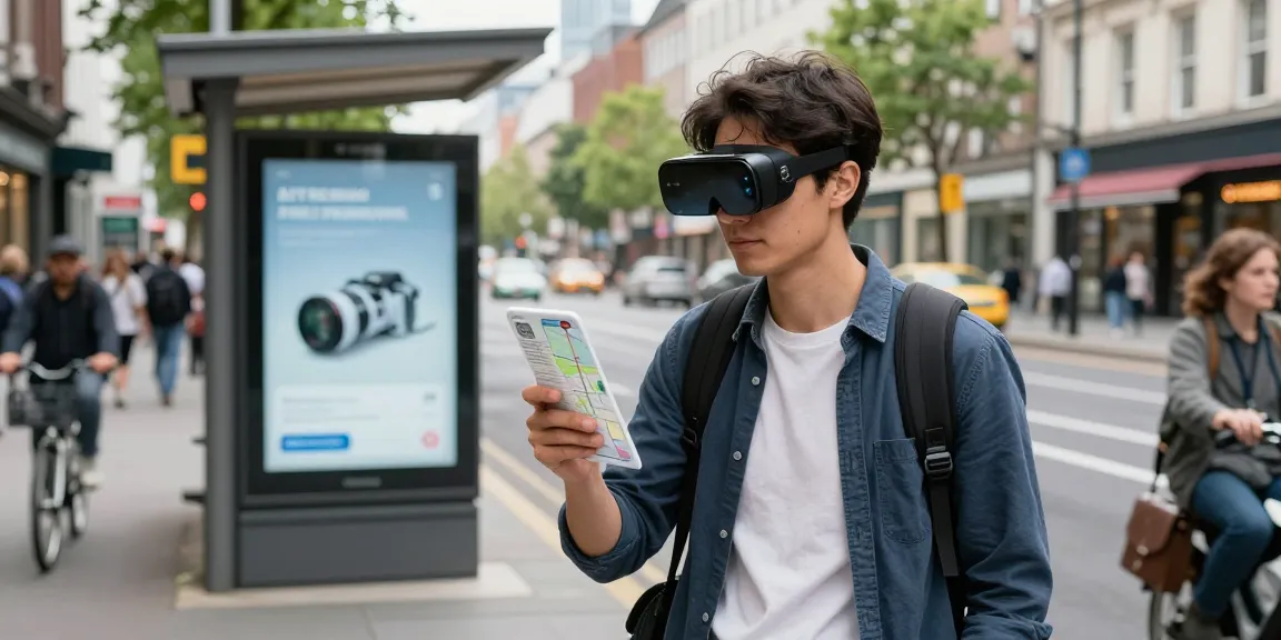 Dynamic urban scene with person using AR glasses, showcasing digital overlays in a lively city environment.