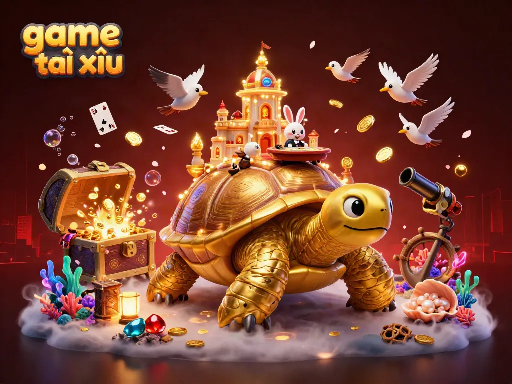 Experience the thrilling game tài xỉu with a vibrant 3D illustration of a tortoise casino and rabbit dealer.