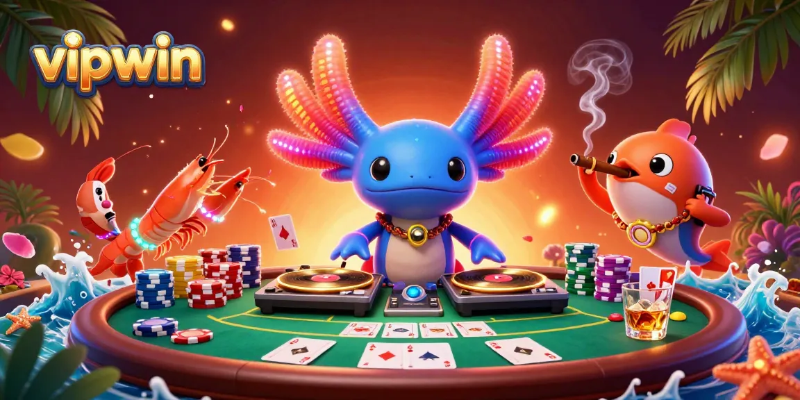 Engage in thrilling gameplay at vipwin with vibrant axolotl DJ and competitive poker action.