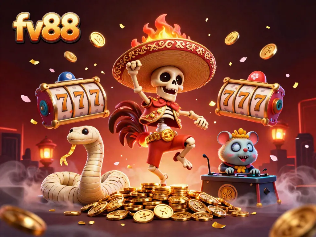 Experience the thrill of fv88 with a lively 3D casino scene featuring magical characters dancing among golden rewards.