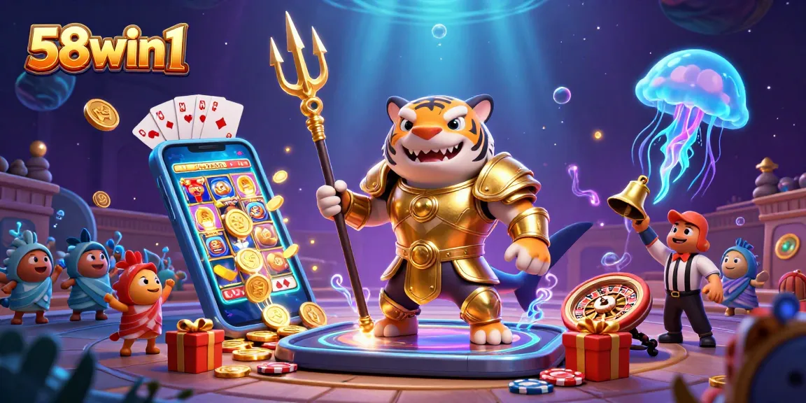 Experience thrilling gameplay with 58win1's vibrant casino elements brought to life in a dynamic underwater scene.