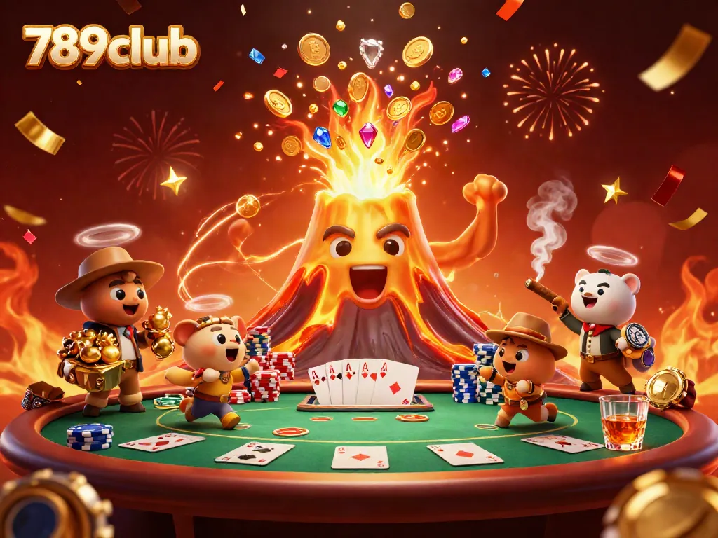 Experience thrilling moments at 789club with a triumphant volcano and treasure-seeking animals amidst poker action.