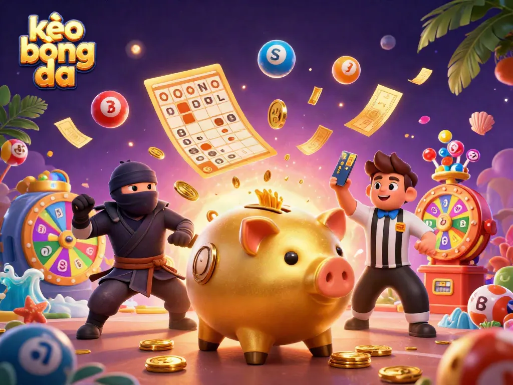 Dynamic scene of kèo bóng đá with characters and elements celebrating sports betting excitement.