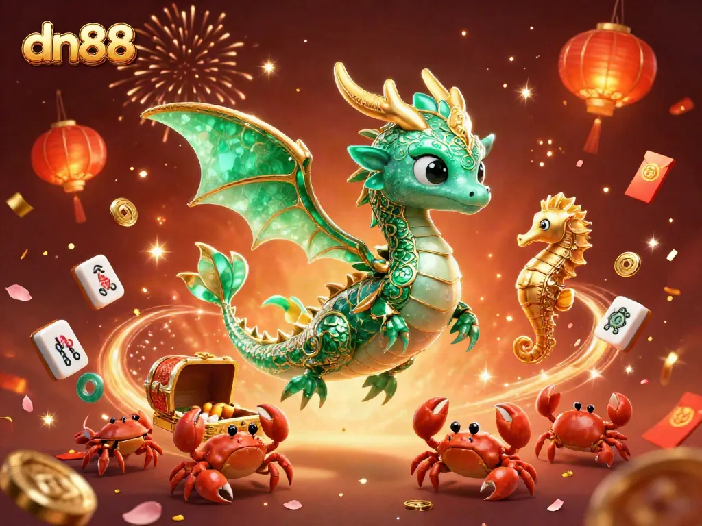 Experience the excitement of dn88 with a vibrant casino scene featuring an emerald sea dragon and treasure.