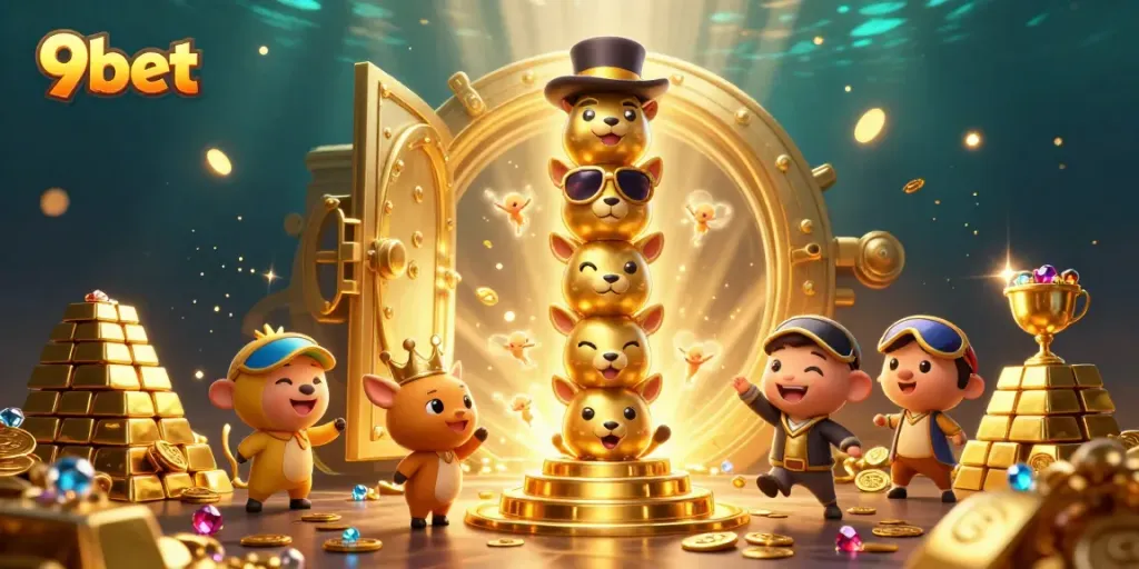 Experience the excitement of 9bet with a vibrant 3D totem in a treasure-filled casino.
