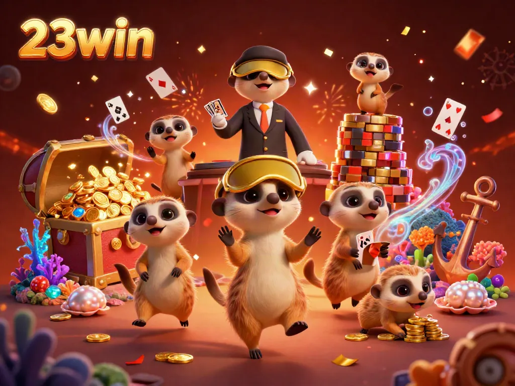 Experience the thrill of 23win with meerkats in a vibrant casino setup, celebrating wins amidst gold and gems.
