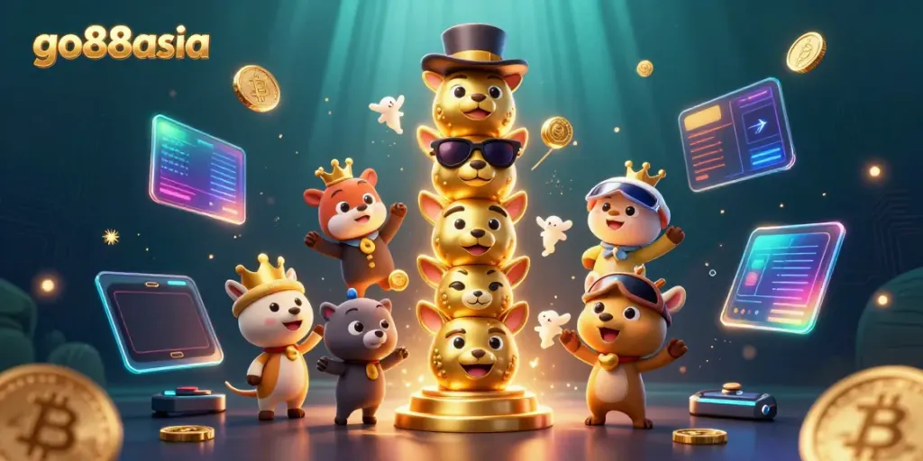 Experience the thrilling casino atmosphere with go88asia's animated totem, vibrant crypto elements, and winning fun!