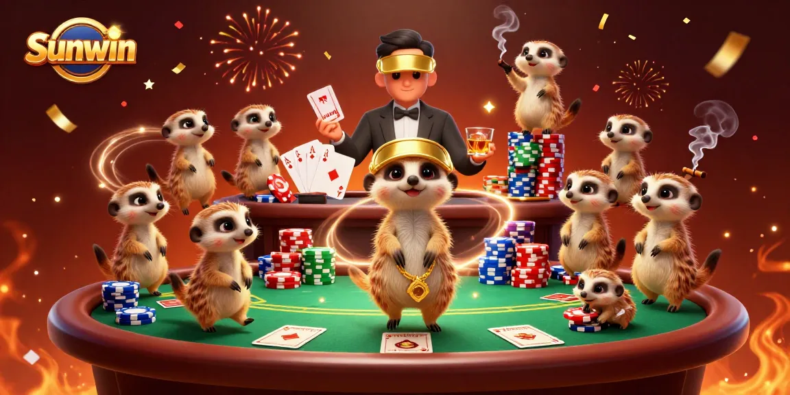 Experience the excitement at Sunwin with dynamic meerkat dealers and vibrant casino elements.