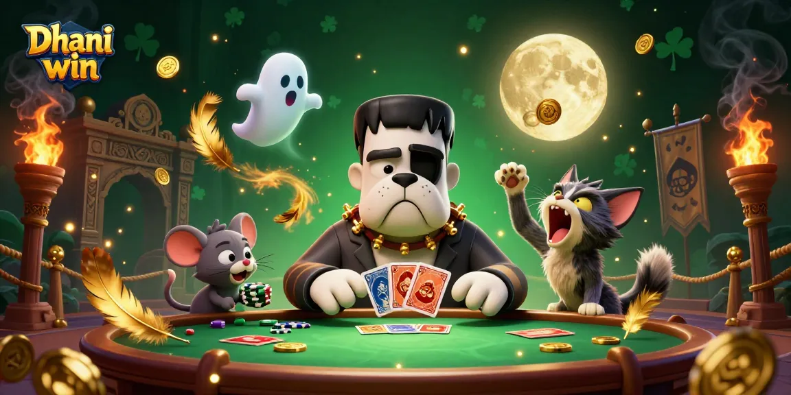 Dhani win features a playful scene with a bulldog monster, ghost mouse, and werewolf kitten at a casino table.