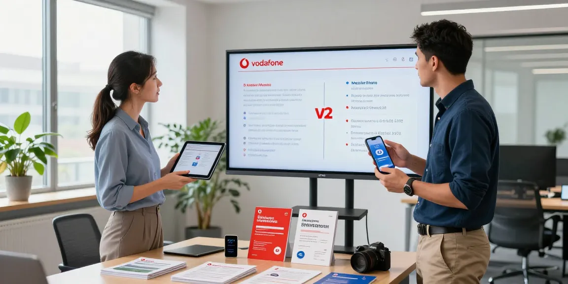 Comparing Vodafone vs O2 business mobile plans in an engaging office discussion