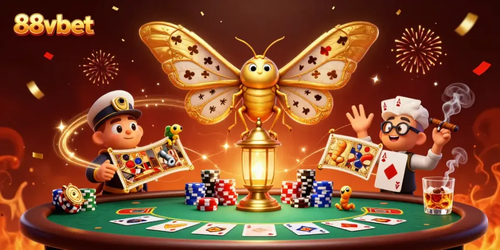 Join the excitement at 88vbet with thrilling poker and casino scenes showcased in a vibrant illustration.