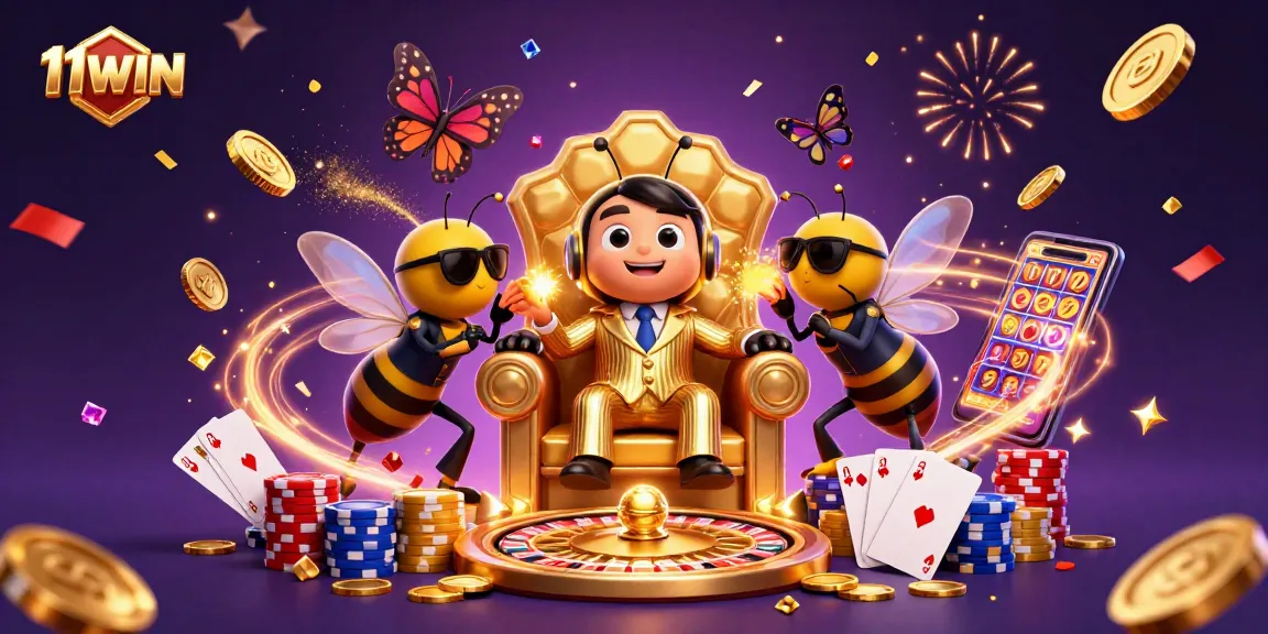 Engage with 11WIN's vibrant casino illustration depicting a bumblebee mob boss and rich gaming elements.