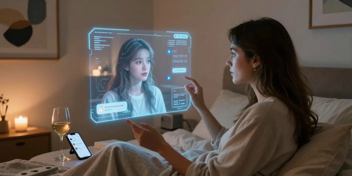 Engaging virtual chat with ai nsfw character in a cozy bedroom atmosphere featuring soft lighting and romantic decor.