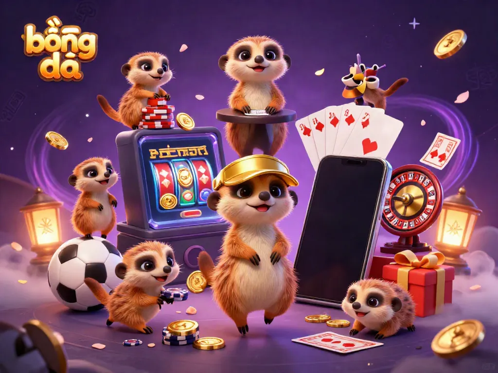 Experience the excitement of kèo bóng đá with meerkats running a dynamic sports betting operation and colorful game elements.