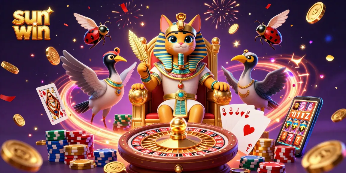 Experience thrilling wins at sun win with vibrant 3D casino elements, including coins, cards, and more.