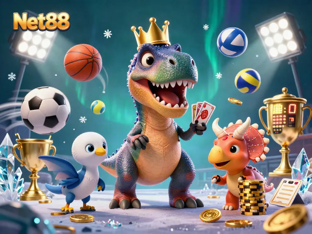 Engage with Net88's exciting gambling options as cartoon dinosaurs shuffle betting slips and sports balls.
