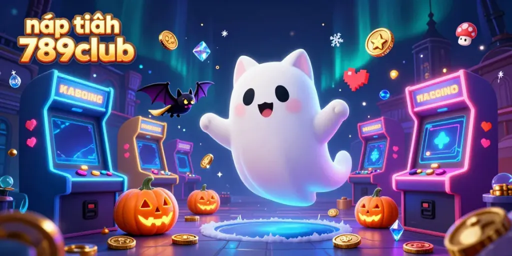 Engage with nạp tiền 789club through a colorful 3D ghost cat and bat illustration in a vibrant casino.