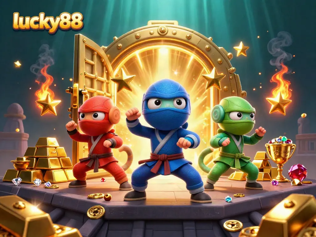 Experience thrilling lucky88 action as chameleons perform martial arts amidst treasures in a casino setting.
