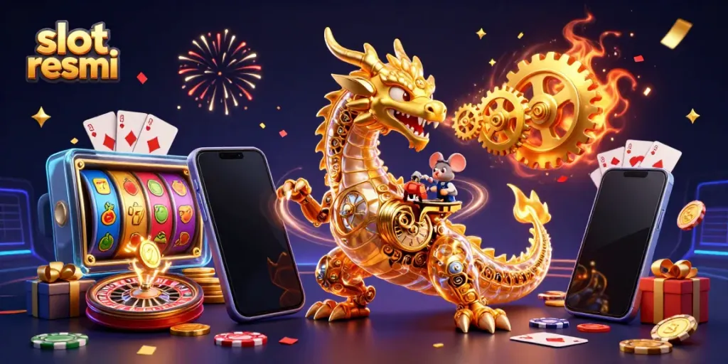 Experience slot resmi with a vibrant 3D casino scene featuring a golden dragon and engaging gaming elements.