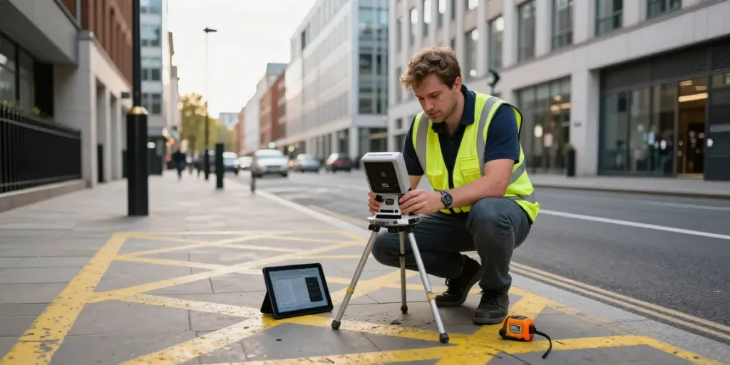 PAS 128 Survey London with a surveyor using ground-penetrating radar in an urban setting.