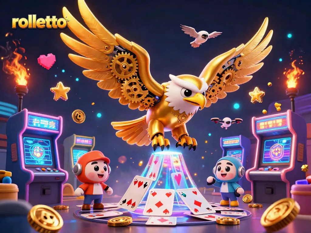 Engage with rolletto through an exhilarating 3D scene featuring a cybernetic eagle amidst dynamic gaming elements.