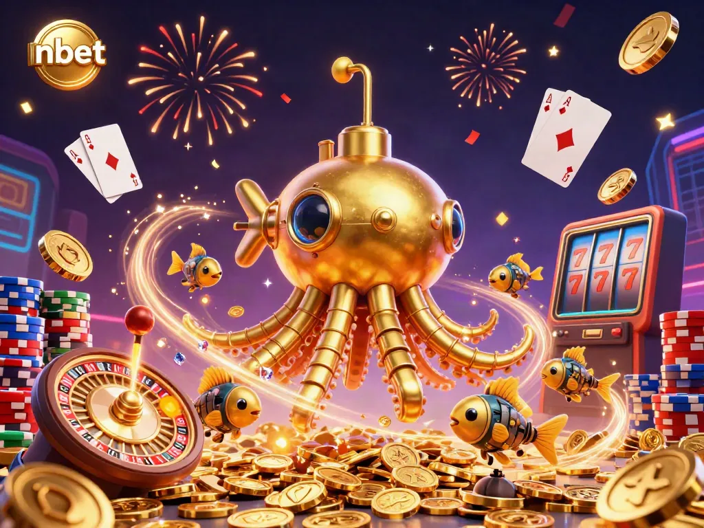 Unveil thrilling nbet casino adventure with a golden kraken submarine amidst sparkling gems and coins.