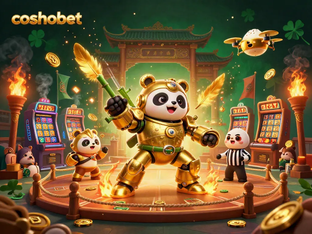 Engage with cosmobet in a vibrant casino scene featuring a mech-suit panda, money, and excitement.