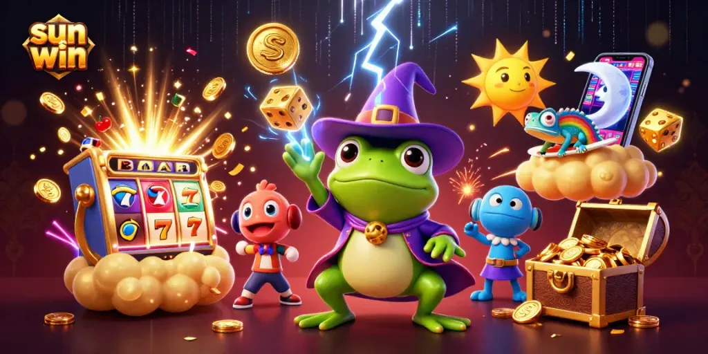 Spin and win with sun win in a vibrant, action-packed, 3D casino illustration
