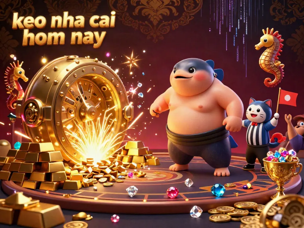 Experience keo nha cai hom nay thrills with a fugu in a sumo belt and a catfish referee amidst sparkling treasures.