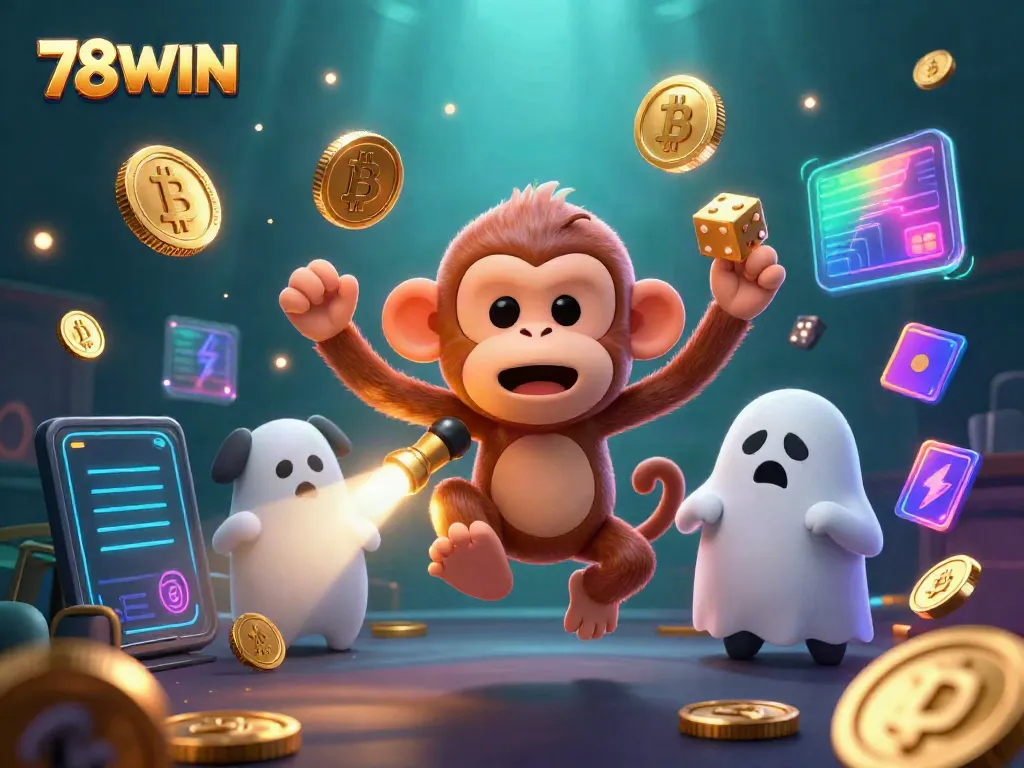Experience the thrill of 78WIN with a playful poltergeist monkey in an adventurous haunted casino scene.
