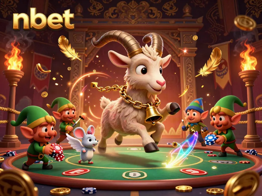 Experience the thrill of nbet casino with a festive Krampus goat and mischievous characters in a dynamic gambling scene.