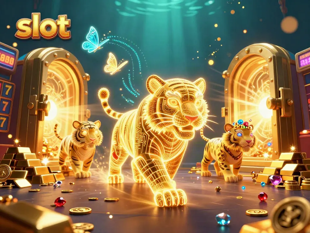 Engage with exciting slot action featuring a neon tiger and jackpots in a vibrant casino