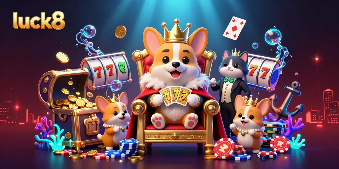 Experience thrilling gambling action with luck8's unique royal corgi-themed 3D casino illustration.