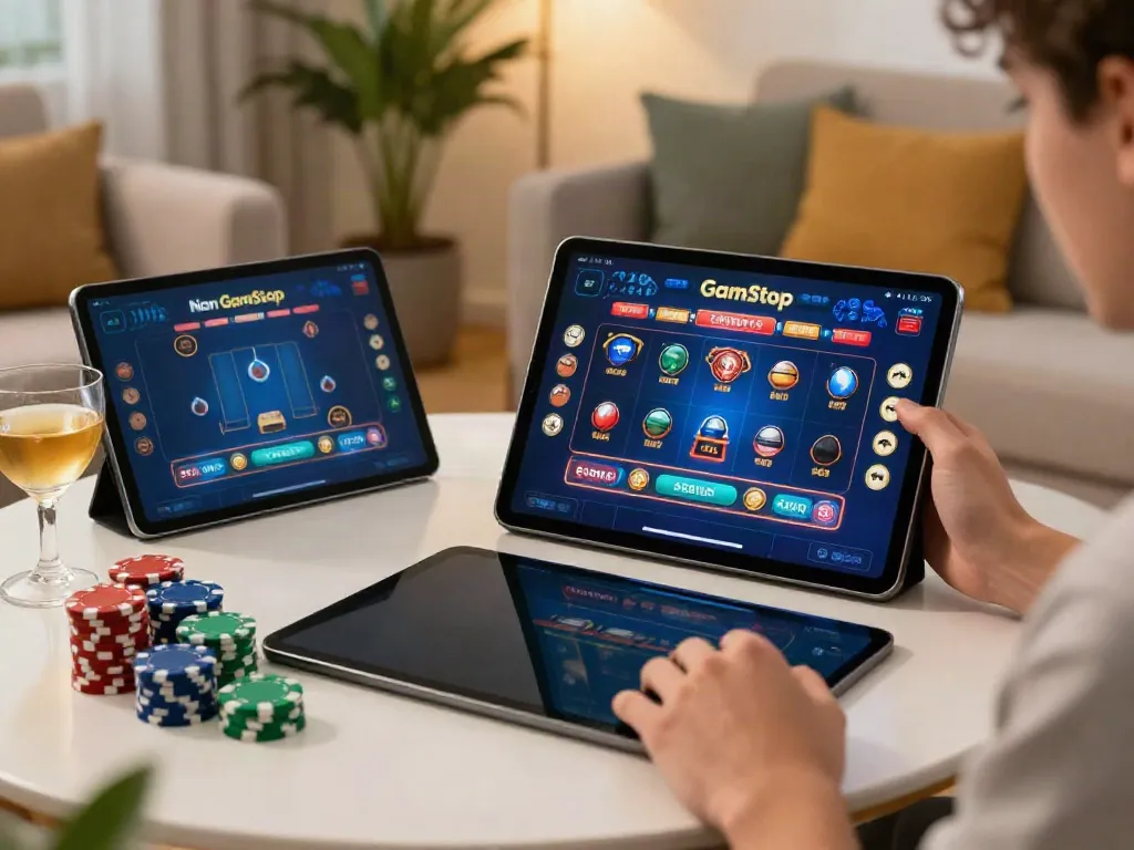 Player engaging with vibrant non GamStop casinos games on a tablet in a stylish home.