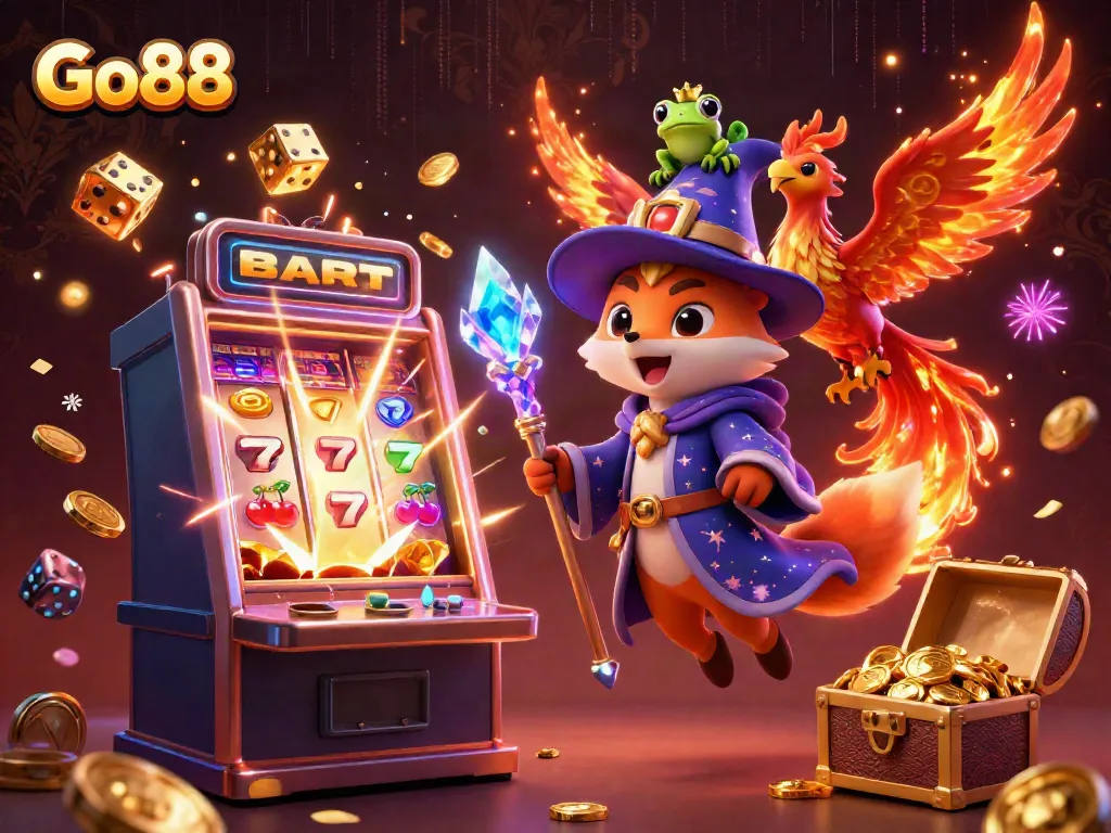 Engage with Go88's magical gaming world, led by a wizard fox and phoenix amidst vibrant casino symbols.
