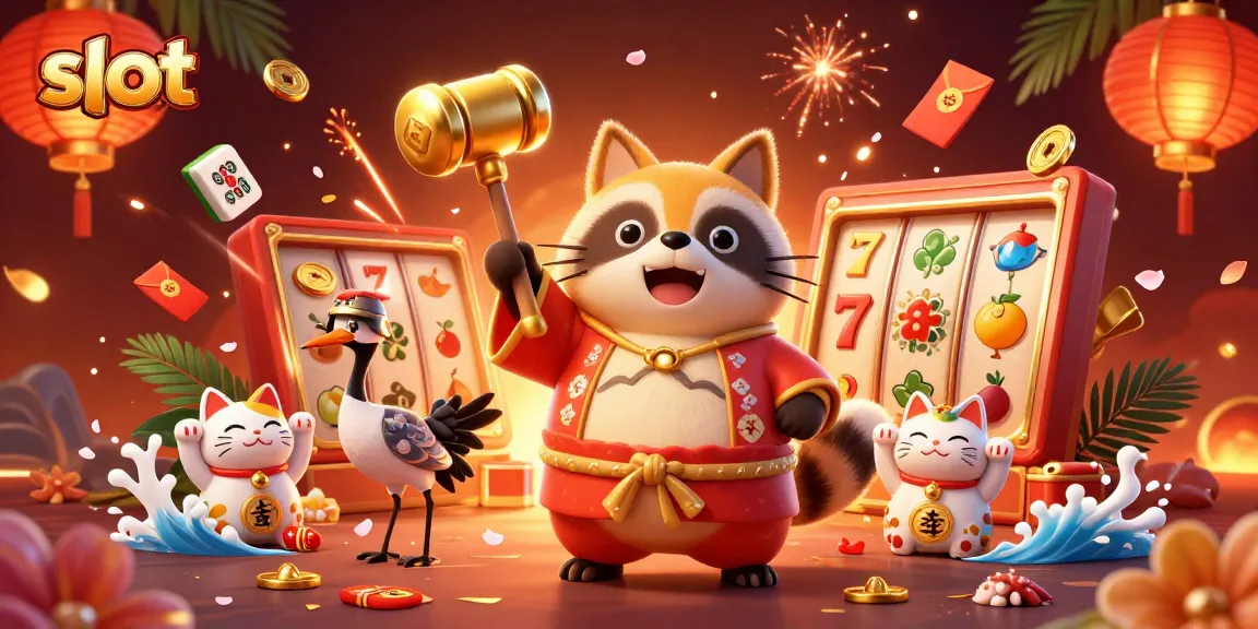 Experience thrilling slot action with a cheerful tanuki and vibrant maneki-neko in this casino illustration.