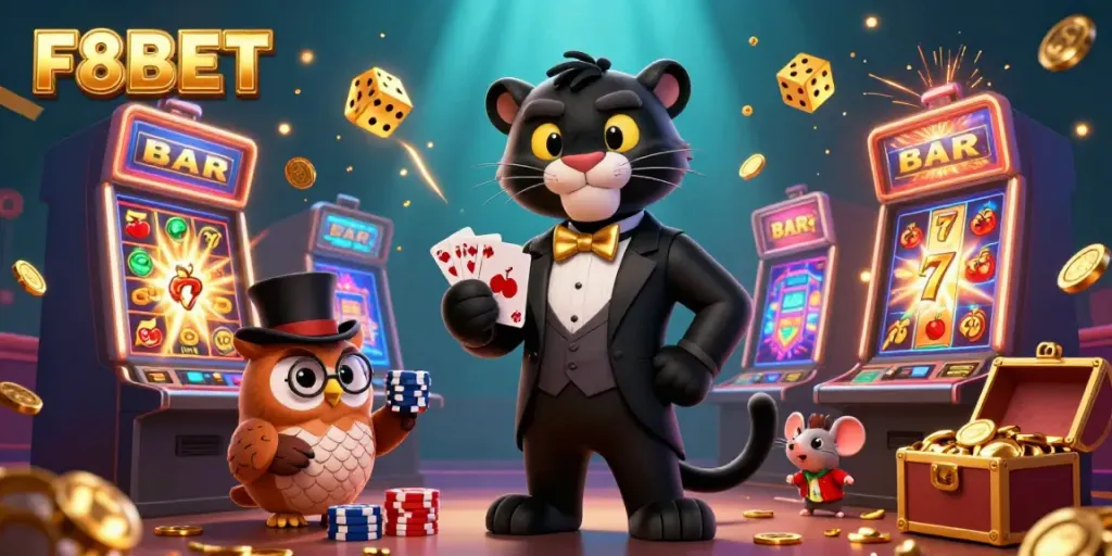 Experience the excitement of F8BET with vibrant 3D casino characters surrounded by winning slot machine symbols and chips.