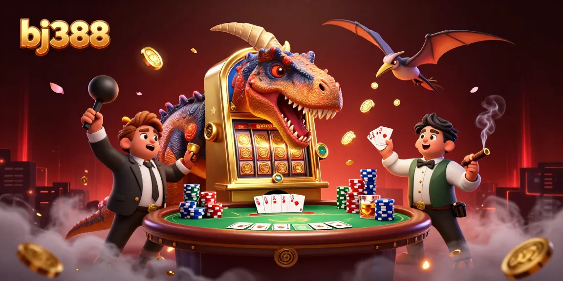 Experience the excitement at bj388 as a dinosaur hits the slot jackpot amidst vibrant casino elements.