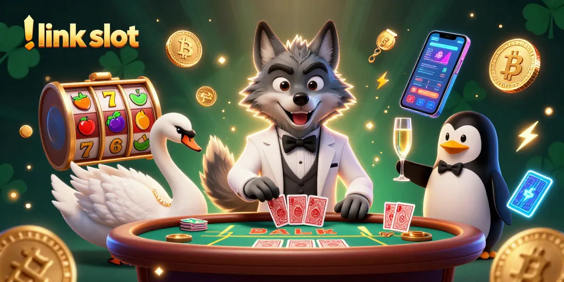 Engage with link slot content showcasing a vibrant 3D casino scene with characters and slot elements.