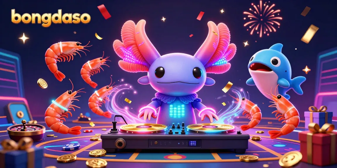 Bongdaso brings excitement to life with a vibrant cartoon axolotl DJ and glowing shrimp at a casino scene