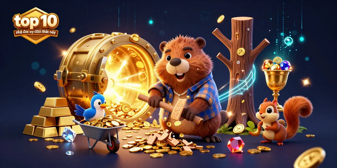 Engaging visual of top 10 nhà cái uy tín nhất hiện nay featuring a beaver chopping a coin-filled tree.