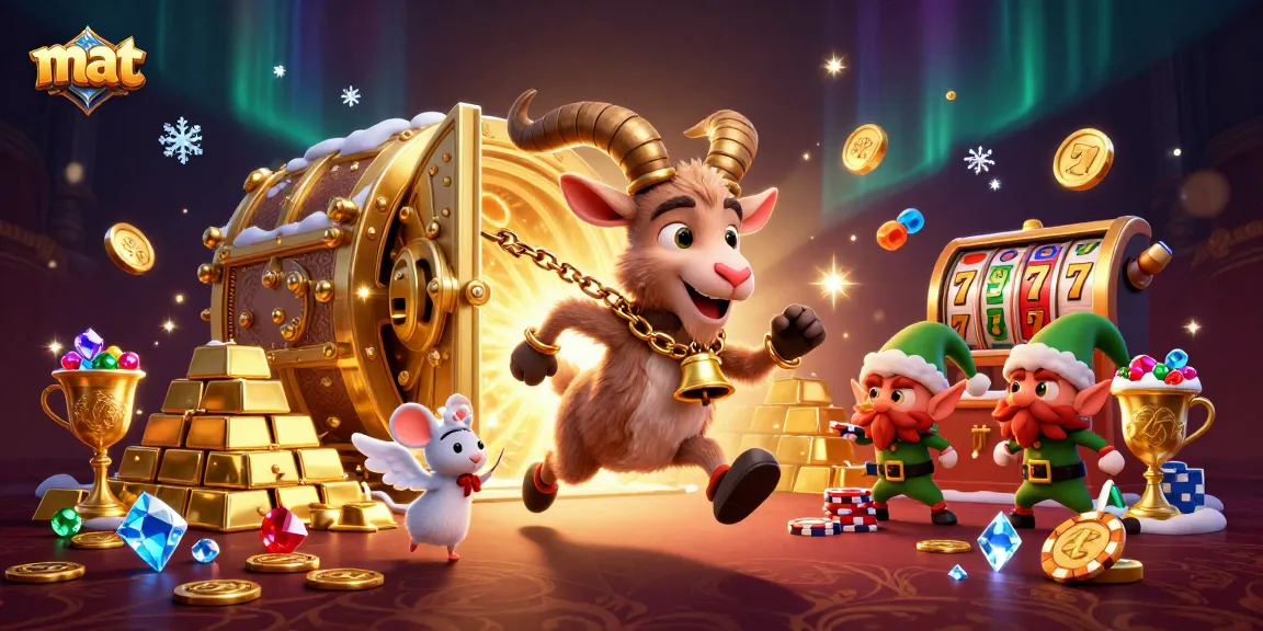 Experience the excitement of casino games at mat with a whimsical 3D scene featuring festive characters.