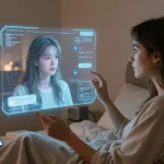 Engaging virtual chat with ai nsfw character in a cozy bedroom atmosphere featuring soft lighting and romantic decor.