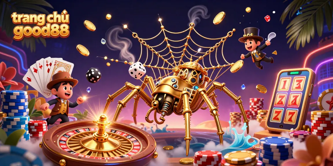 Catching exciting rewards at trang chủ good88 with dynamic casino elements showcasing a steampunk spider and playful fly gentleman.