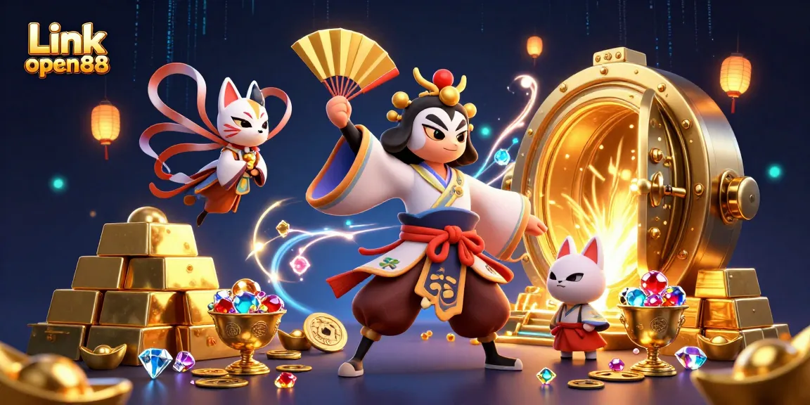 Link open88 highlights the kabuki warrior amidst treasure, enhancing the online betting experience.