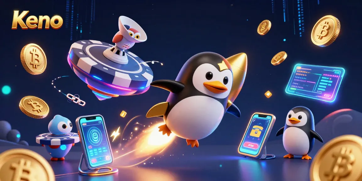 Keno game illustration featuring a golden penguin soaring through space amid glowing coins and crypto elements.