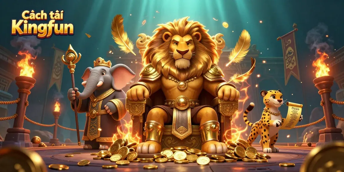 Experience Cách tải Kingfun with an action-packed illustration featuring a lion king, elephant advisor, and cheetah messenger.