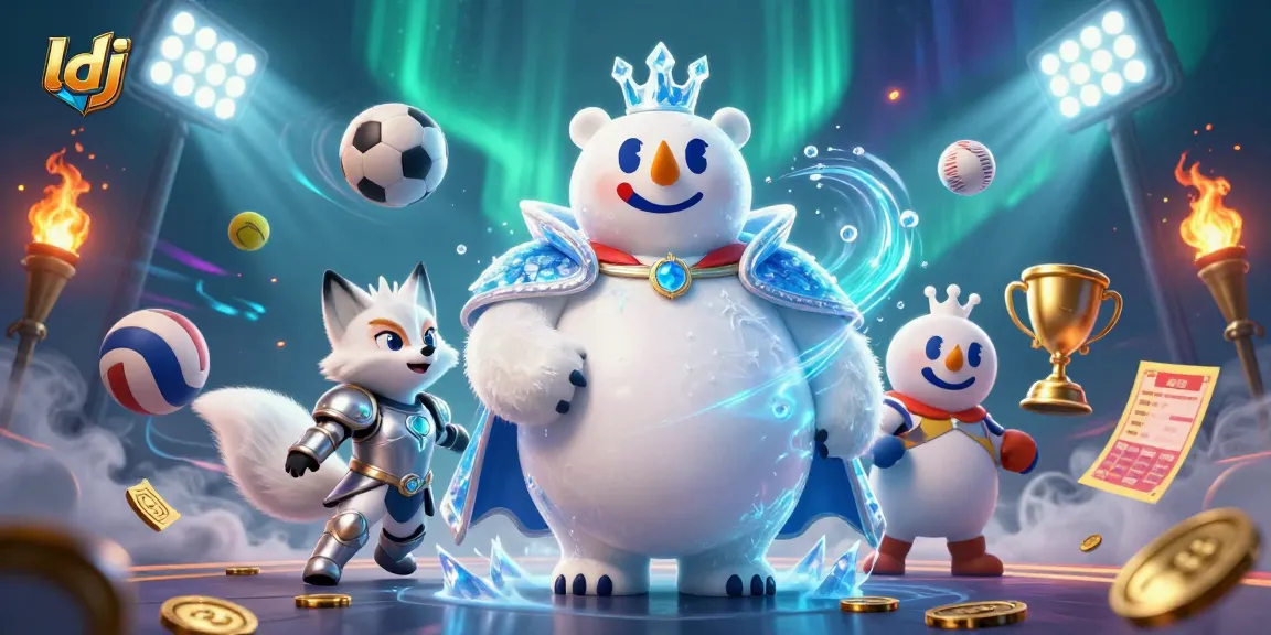 Bet on ldj with a 3D illustration of a cartoon ice king polar bear surrounded by winning sports elements.