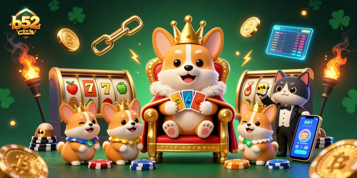 Engage with b52club's lively 3D scene showcasing royal corgis amidst jackpot slots and vibrant crypto coins.